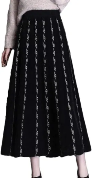 Women's Winter Thick Mink Fleece Pleated Skirt - High Waist Midi Knitted A-Line Skirt for Autumn & Winter