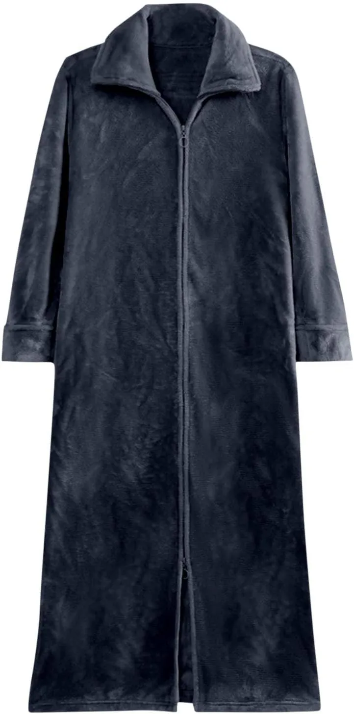 Womens Winter Zipper Fleece Nightgown Casual Warm Thick Bathrobe Soft Long Sleeve Sleepwear Robe Loose Comfy Pajamas