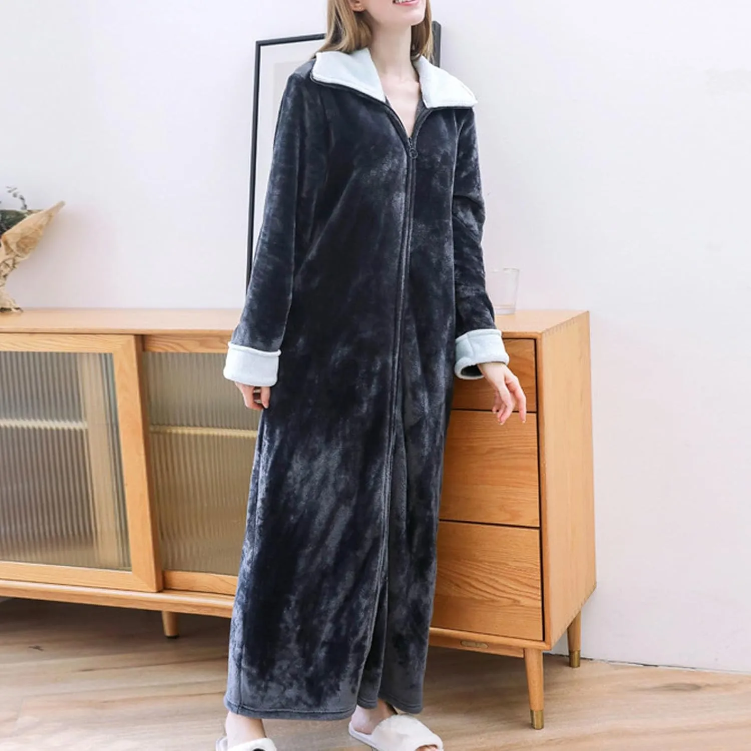 Womens Winter Zipper Fleece Nightgown Casual Warm Thick Bathrobe Soft Long Sleeve Sleepwear Robe Loose Comfy Pajamas