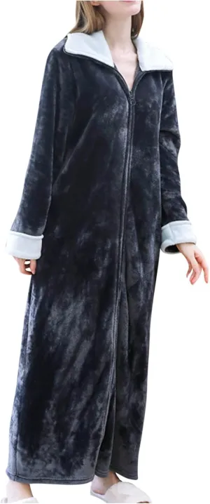 Womens Winter Zipper Fleece Nightgown Casual Warm Thick Bathrobe Soft Long Sleeve Sleepwear Robe Loose Comfy Pajamas