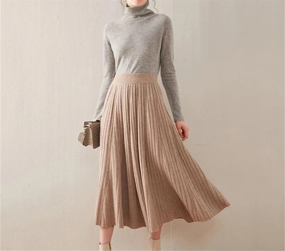 Women's Wool Knit Skirt Stretch High Waist Solid Color Pleated Office Midi Skirts