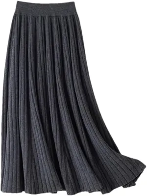 Women's Wool Knit Skirt Stretch High Waist Solid Color Pleated Office Midi Skirts