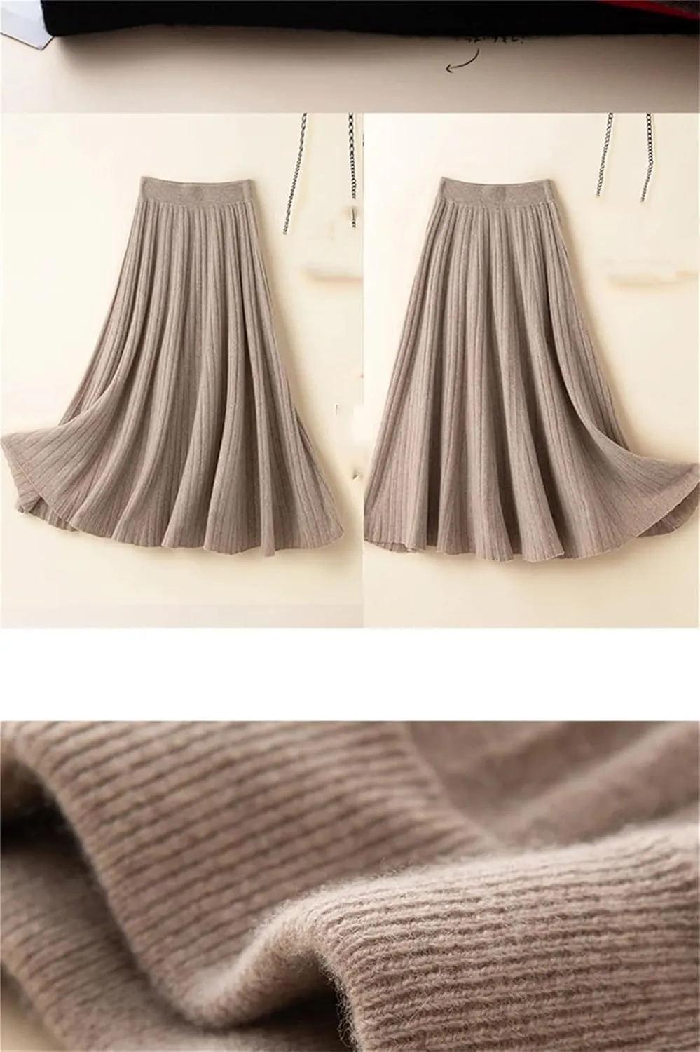 Women's Wool Knit Skirt Stretch High Waist Solid Color Pleated Office Midi Skirts