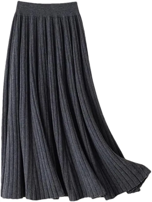 Women's Wool Knit Skirt Stretch High Waist Solid Color Pleated Office Midi Skirts