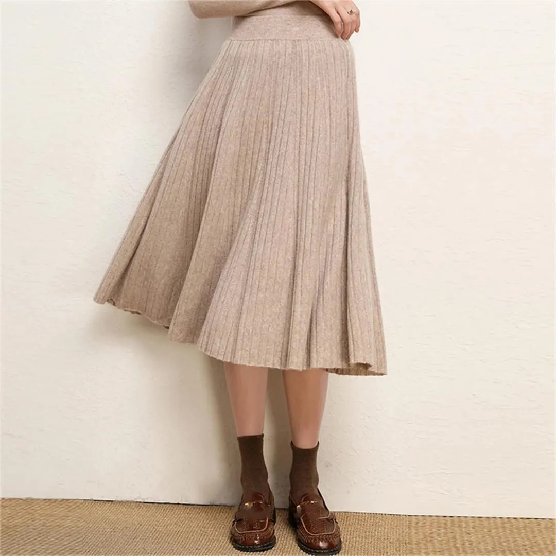 Women's Wool Knit Skirt Stretch High Waist Solid Color Pleated Office Midi Skirts