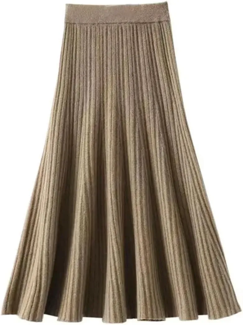 Women's Wool Knitted Skirt A-Line Stretch High Waist Solid Color Pleated Midi Skirts