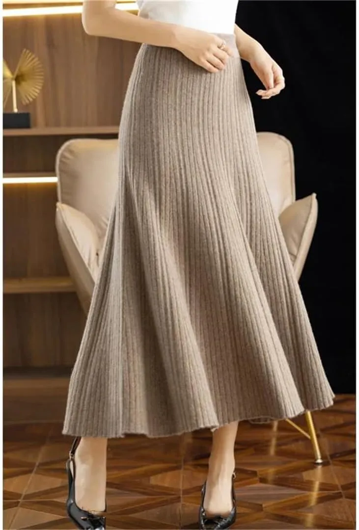 Women's Wool Knitted Skirt A-Line Stretch High Waist Solid Color Pleated Midi Skirts