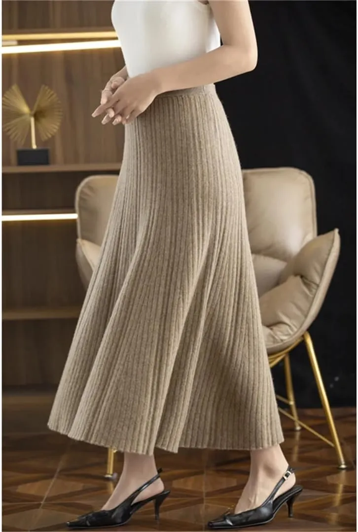 Women's Wool Knitted Skirt A-Line Stretch High Waist Solid Color Pleated Midi Skirts