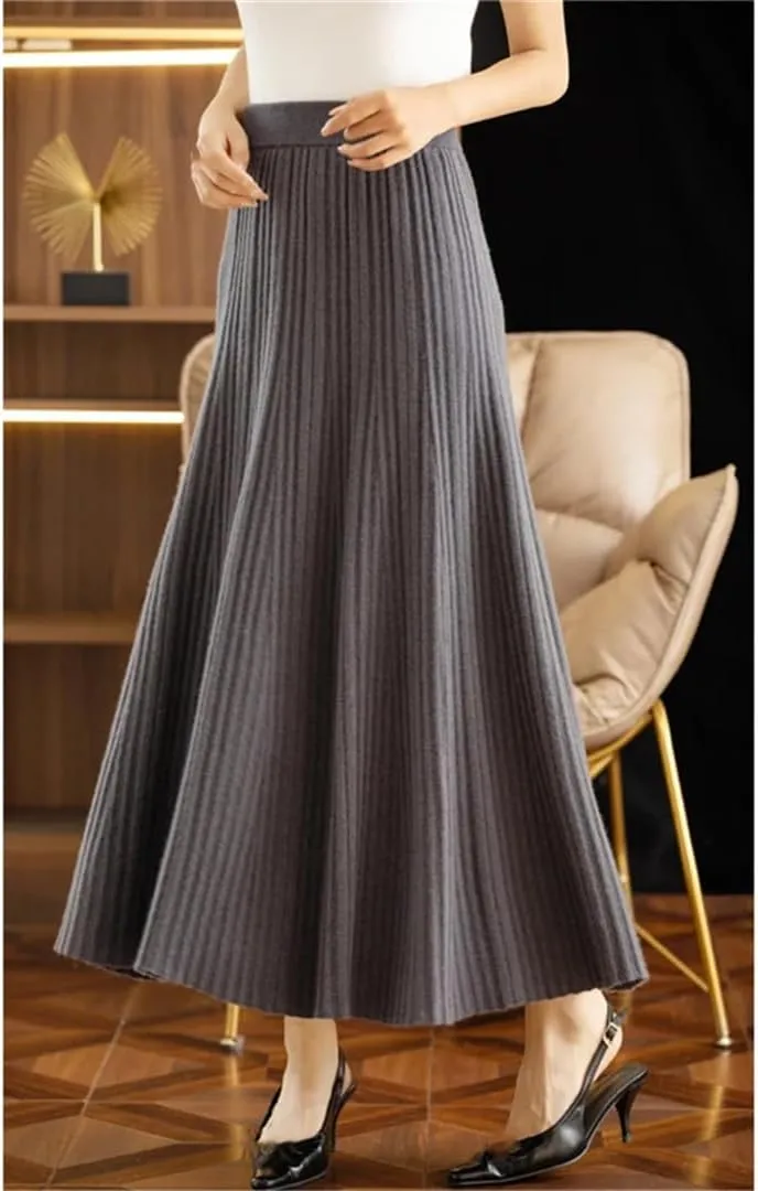 Women's Wool Knitted Skirt A-Line Stretch High Waist Solid Color Pleated Midi Skirts