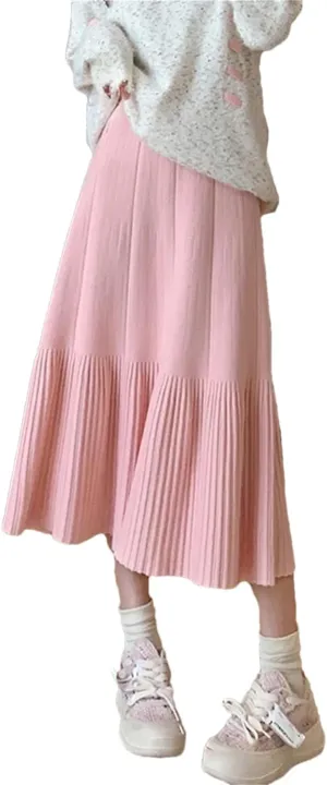 Women's Wool Knitted Skirt Casual Stretch High Waist Pleated A-Line Solid Color Midi Skirts