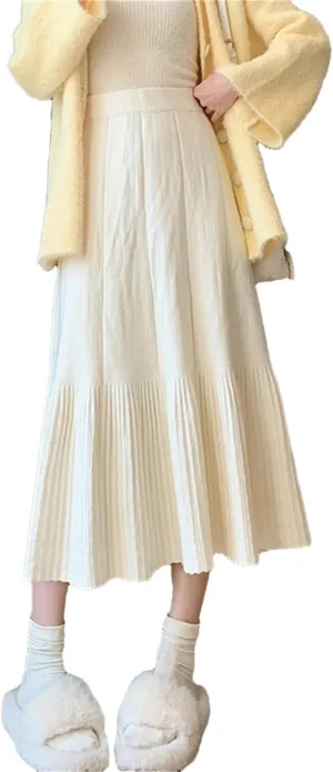 Women's Wool Knitted Skirt Casual Stretch High Waist Pleated A-Line Solid Color Midi Skirts