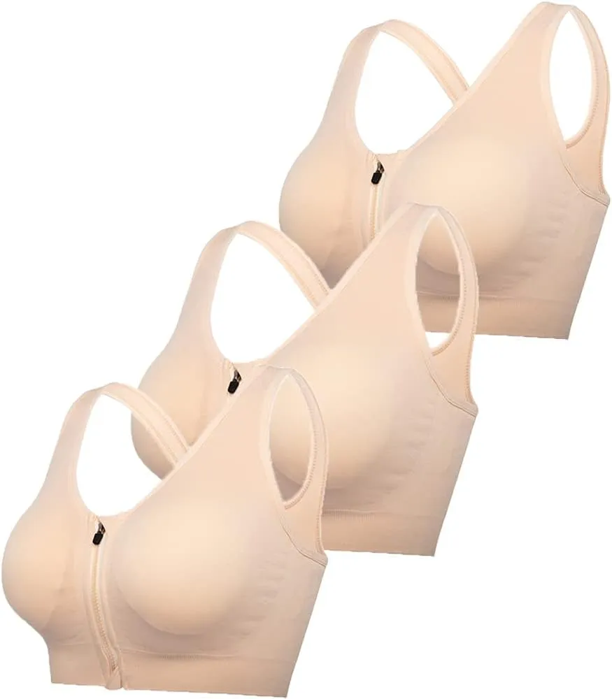Women's Zip Front Sports Bra Wireless Post-Surgery Bra Active Yoga Sports Bras