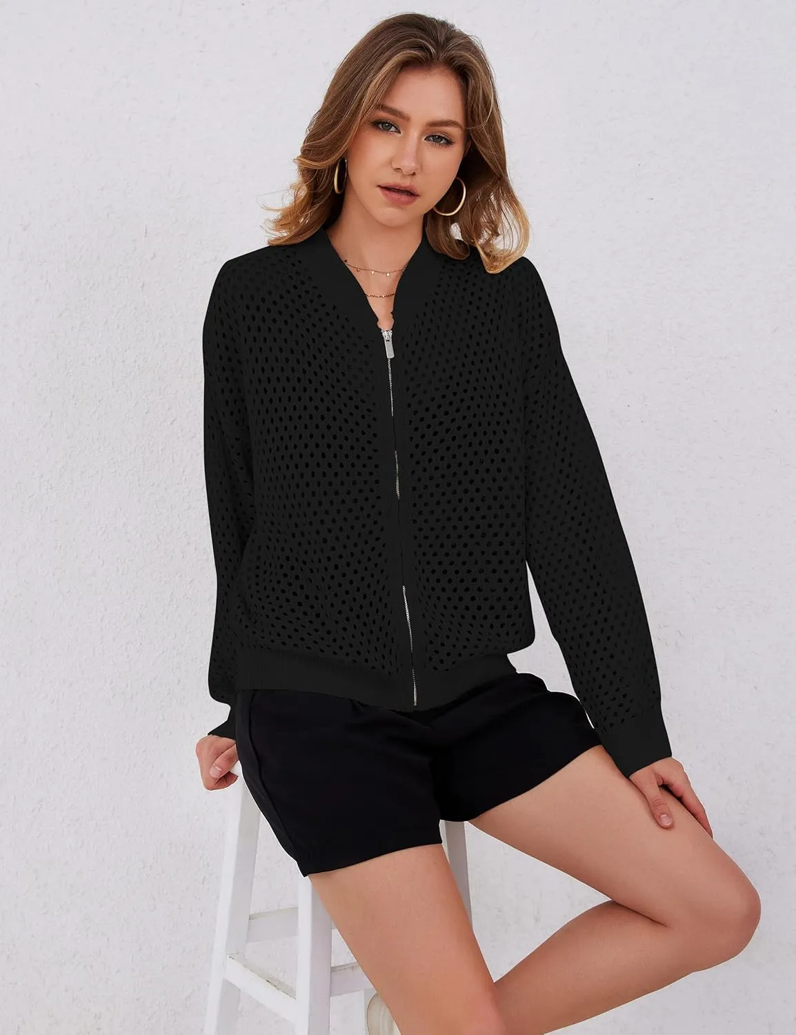 Womens Zip Up Crochet Cardigan Sweater Oversized Long Sleeve Hollow Out Knit Bomber Jacket Fishnet Sweaters