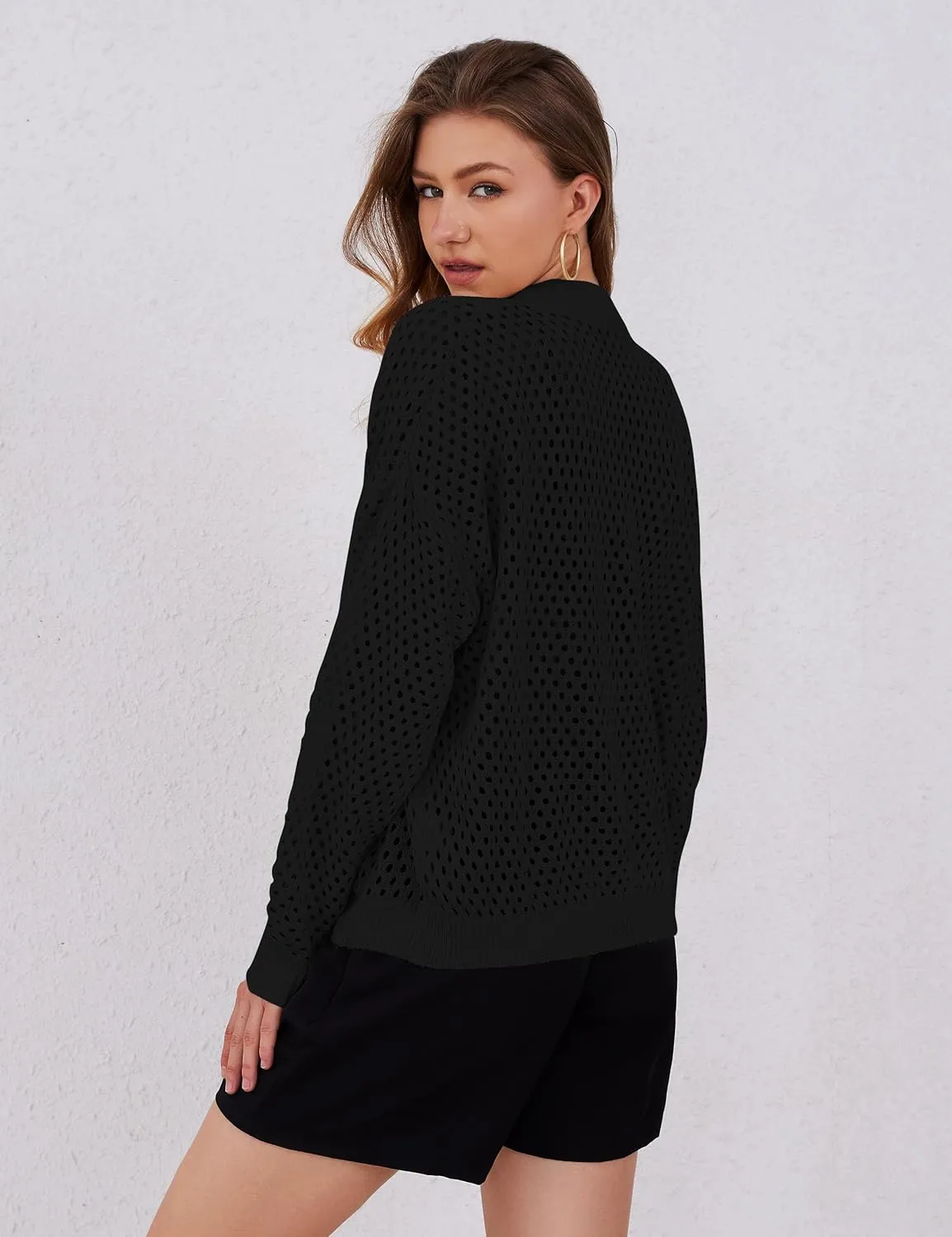 Womens Zip Up Crochet Cardigan Sweater Oversized Long Sleeve Hollow Out Knit Bomber Jacket Fishnet Sweaters