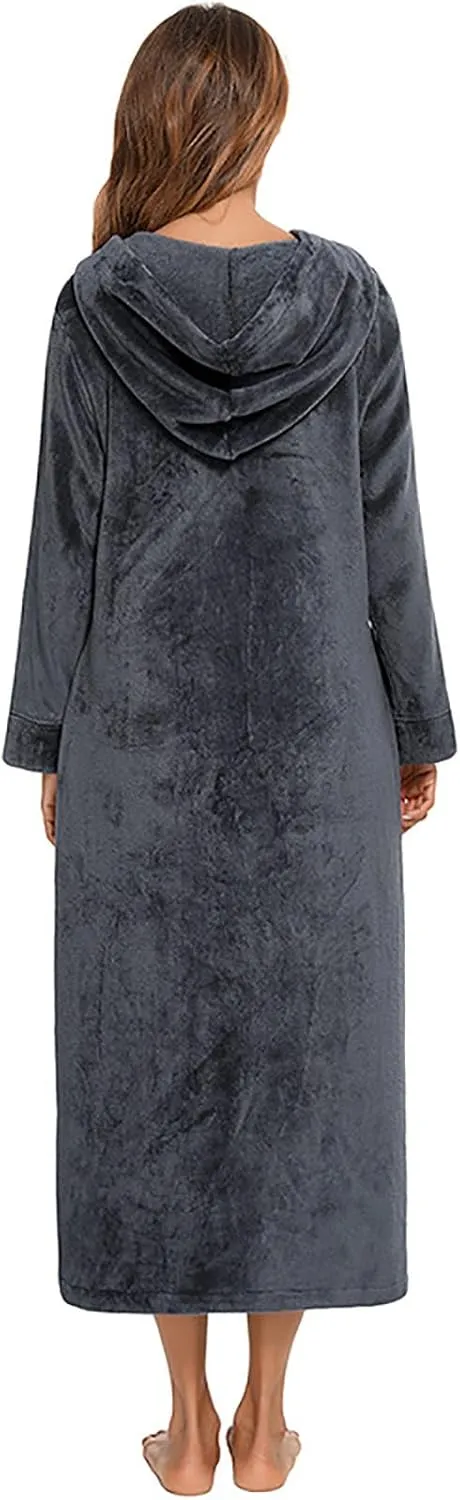Womens Zip Up Hooded Fleece Bathrobe Shower Spa Robe Soft Cozy Plush Long Flannel Fleece Sleepwear Long House Coat