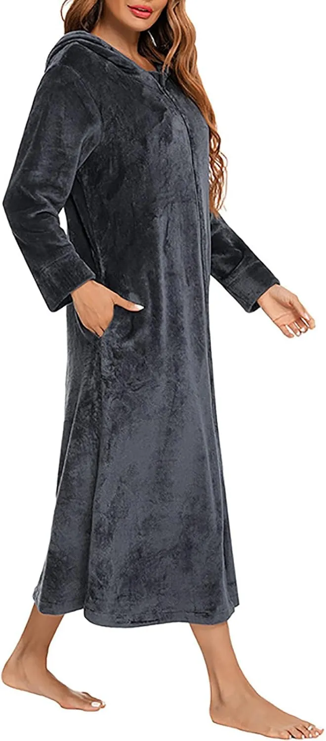 Womens Zip Up Hooded Fleece Bathrobe Shower Spa Robe Soft Cozy Plush Long Flannel Fleece Sleepwear Long House Coat