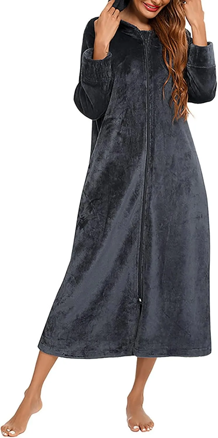 Womens Zip Up Hooded Fleece Bathrobe Shower Spa Robe Soft Cozy Plush Long Flannel Fleece Sleepwear Long House Coat