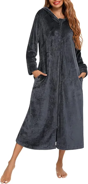 Womens Zip Up Hooded Fleece Bathrobe Shower Spa Robe Soft Cozy Plush Long Flannel Fleece Sleepwear Long House Coat