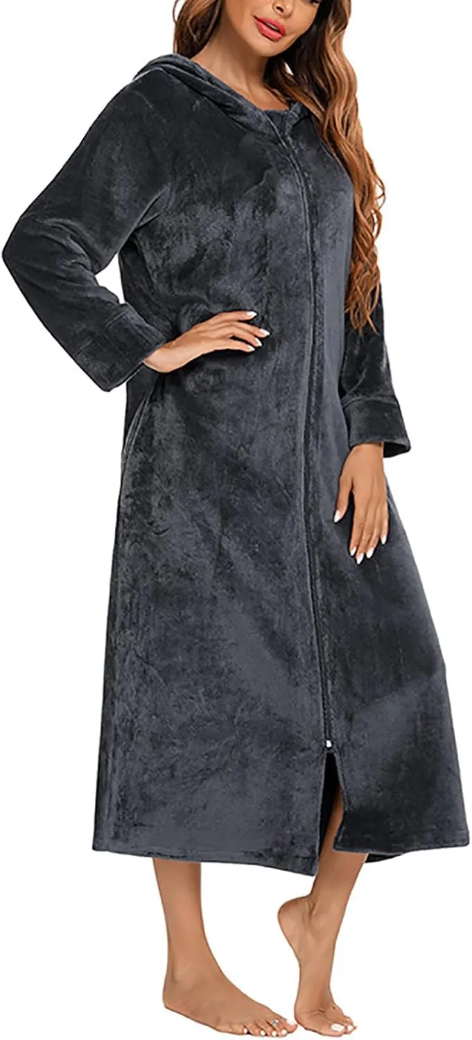 Womens Zip Up Hooded Fleece Bathrobe Shower Spa Robe Soft Cozy Plush Long Flannel Fleece Sleepwear Long House Coat
