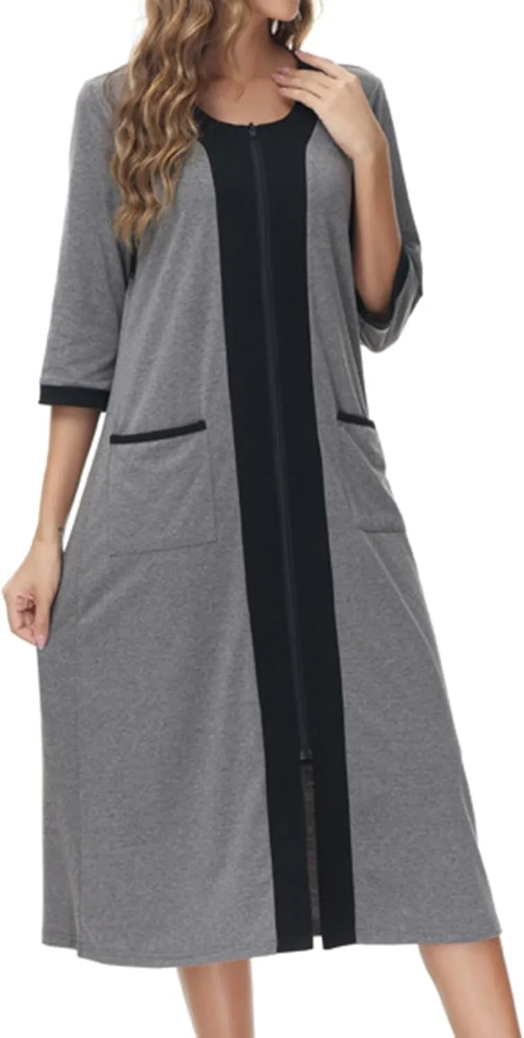 Women's Zipper Front Long Housedress 3/4 Sleeves Round Neck Robe Casual Loose Fit Cozy Nightgown with Pockets