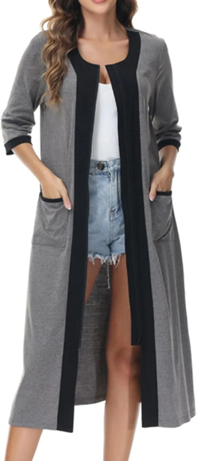 Women's Zipper Front Long Housedress 3/4 Sleeves Round Neck Robe Casual Loose Fit Cozy Nightgown with Pockets