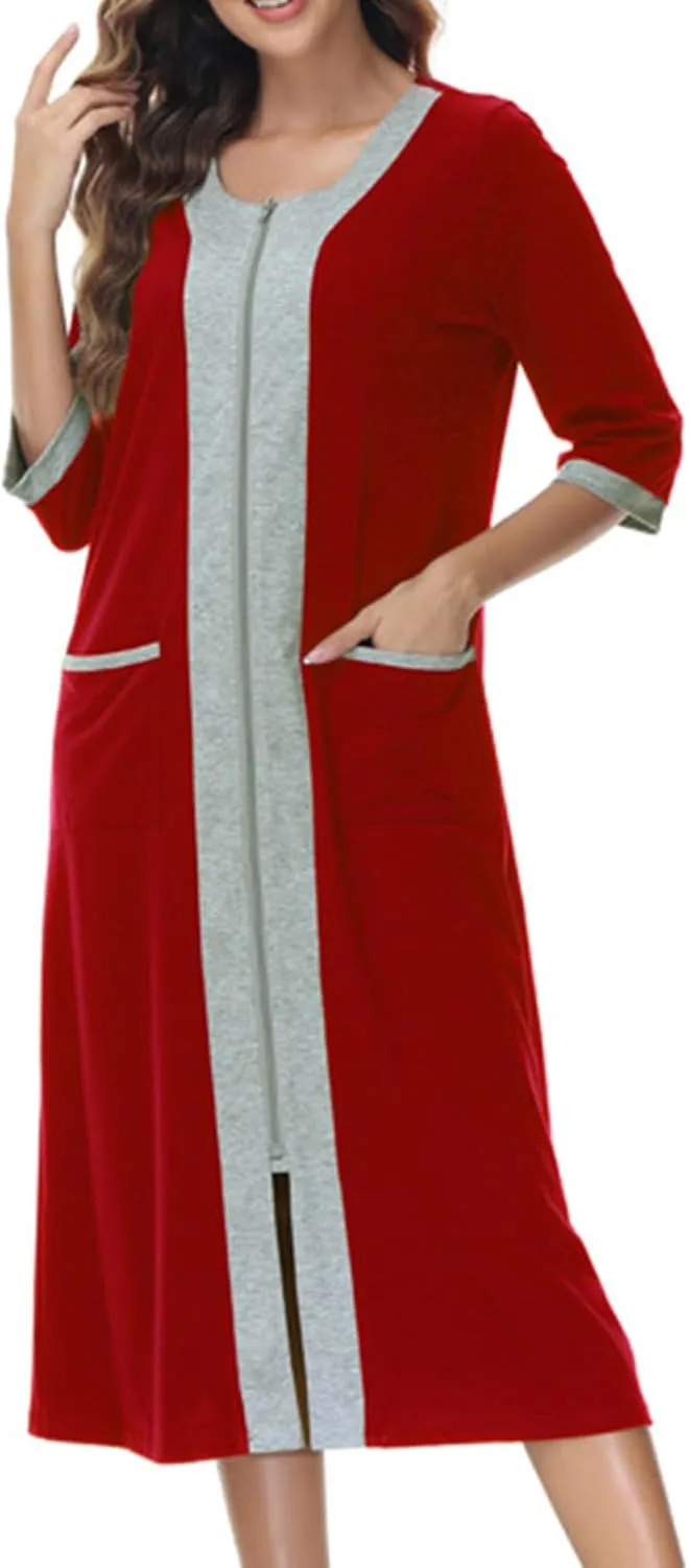 Women's Zipper Front Long Housedress 3/4 Sleeves Round Neck Robe Casual Loose Fit Cozy Nightgown with Pockets