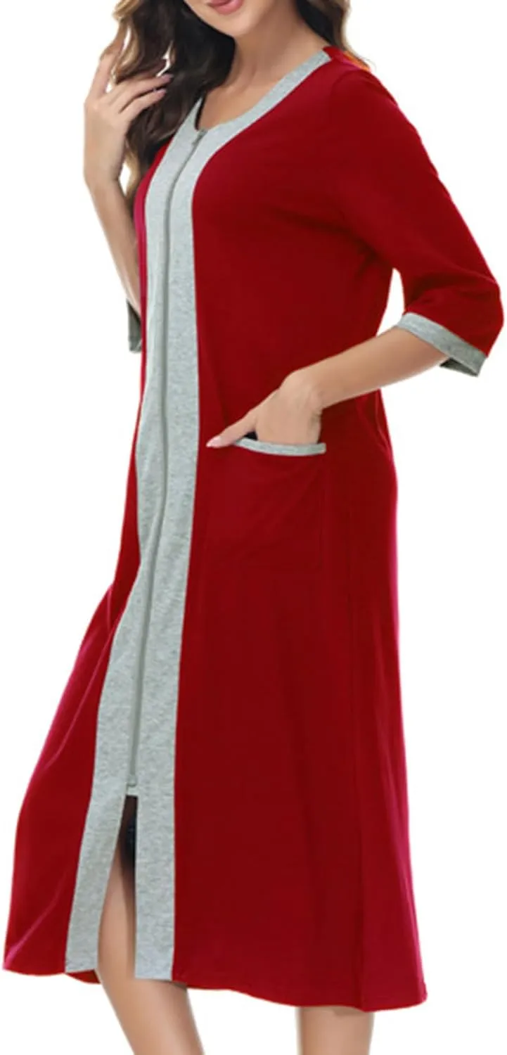 Women's Zipper Front Long Housedress 3/4 Sleeves Round Neck Robe Casual Loose Fit Cozy Nightgown with Pockets