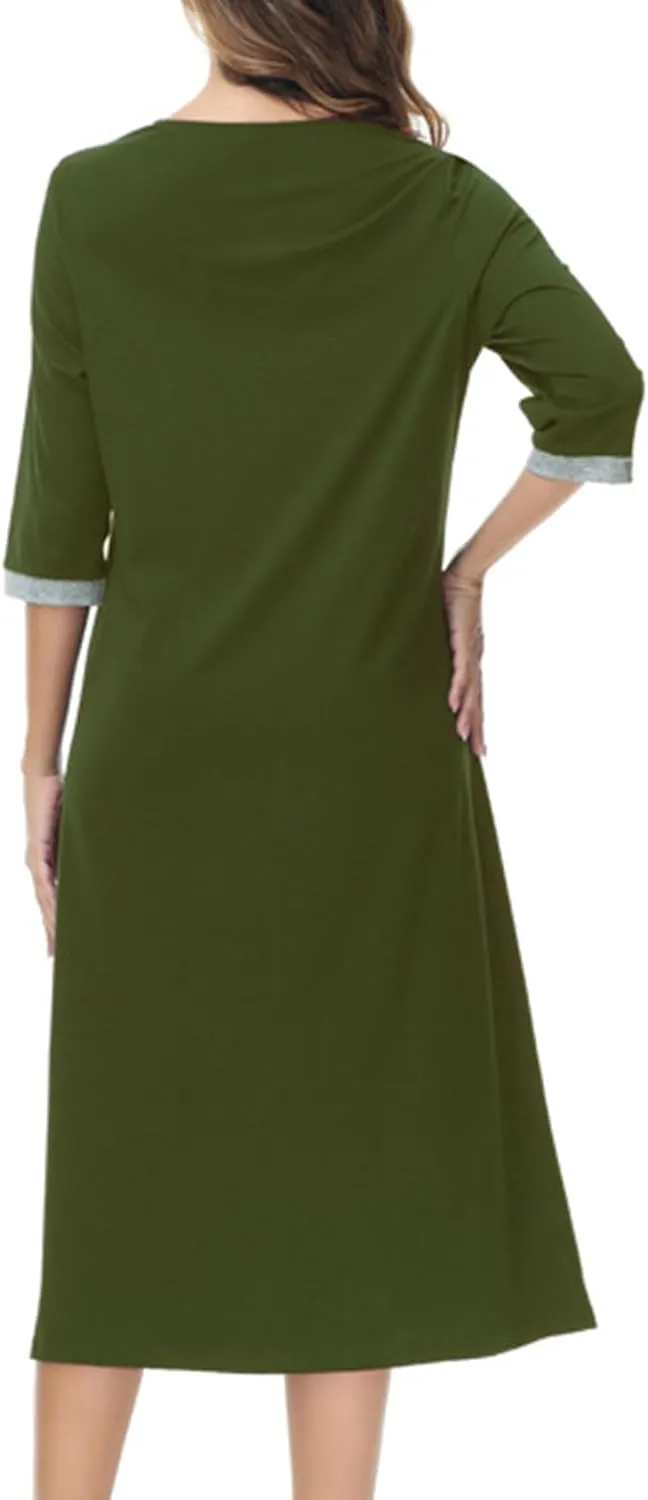 Women's Zipper Front Long Housedress 3/4 Sleeves Round Neck Robe Casual Loose Fit Cozy Nightgown with Pockets