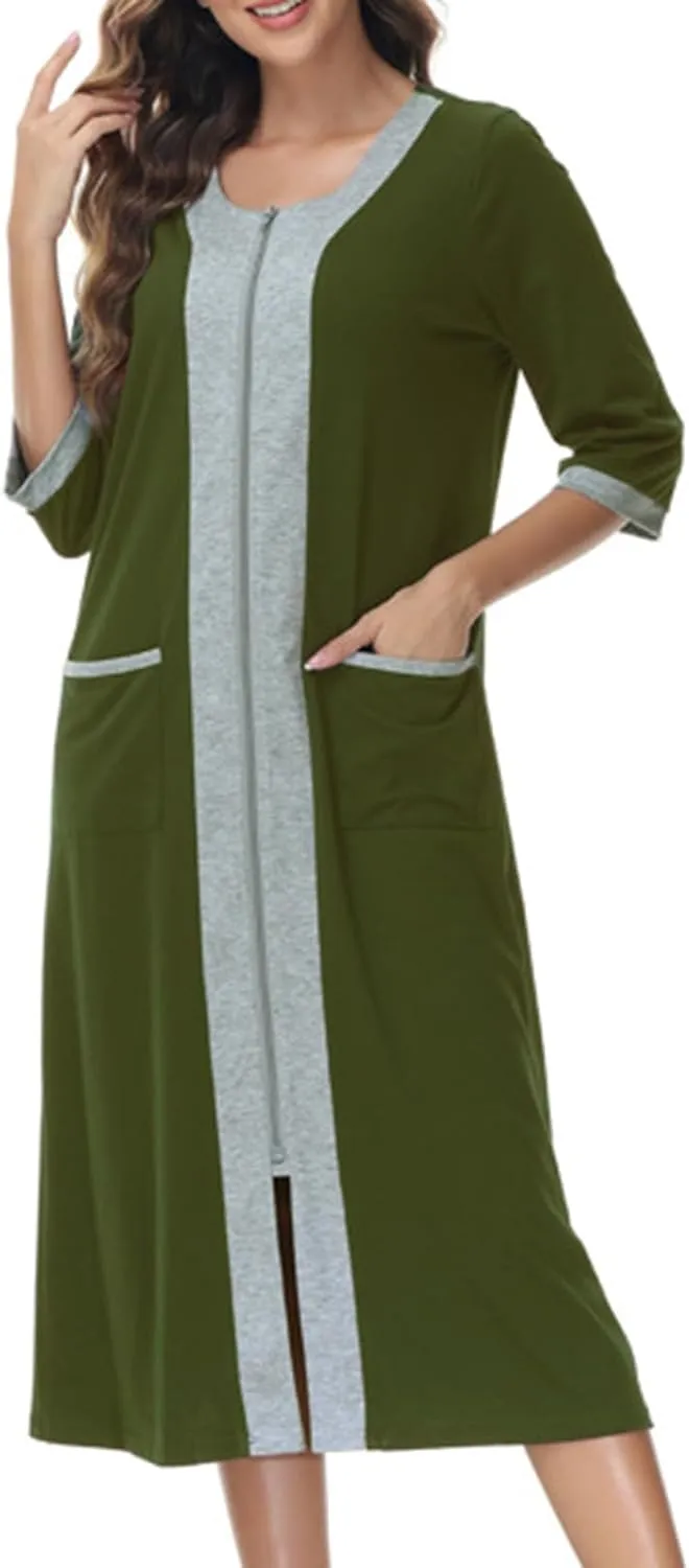 Women's Zipper Front Long Housedress 3/4 Sleeves Round Neck Robe Casual Loose Fit Cozy Nightgown with Pockets