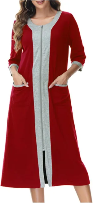 Women's Zipper Front Long Housedress 3/4 Sleeves Round Neck Robe Casual Loose Fit Cozy Nightgown with Pockets