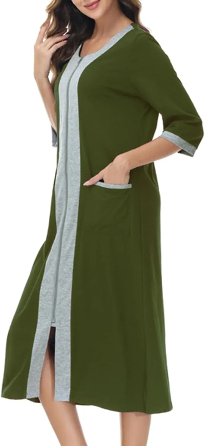 Women's Zipper Front Long Housedress 3/4 Sleeves Round Neck Robe Casual Loose Fit Cozy Nightgown with Pockets