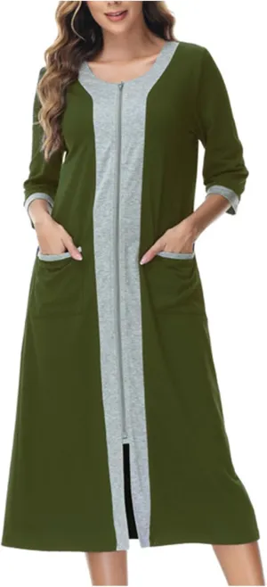 Women's Zipper Front Long Housedress 3/4 Sleeves Round Neck Robe Casual Loose Fit Cozy Nightgown with Pockets