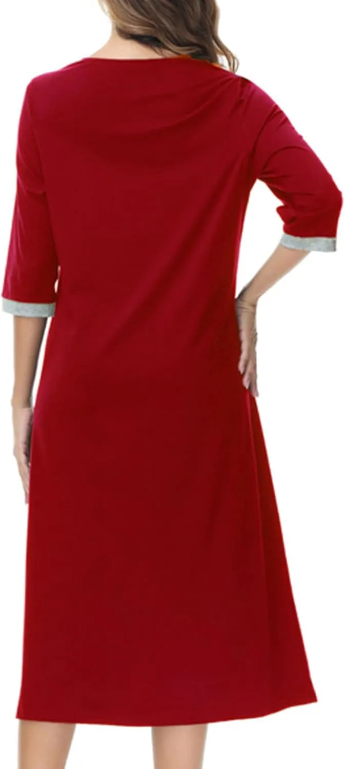 Women's Zipper Front Long Housedress 3/4 Sleeves Round Neck Robe Casual Loose Fit Cozy Nightgown with Pockets