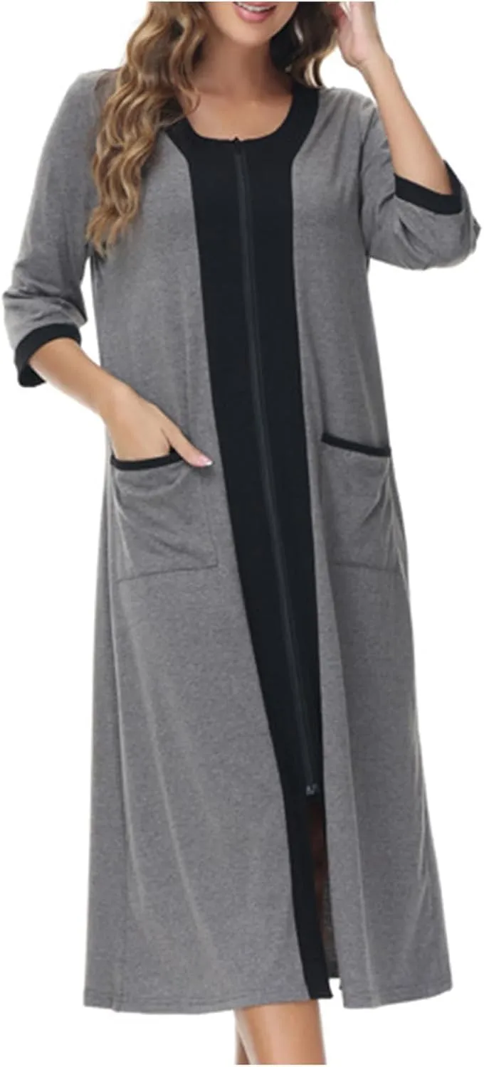 Women's Zipper Front Long Housedress 3/4 Sleeves Round Neck Robe Casual Loose Fit Cozy Nightgown with Pockets