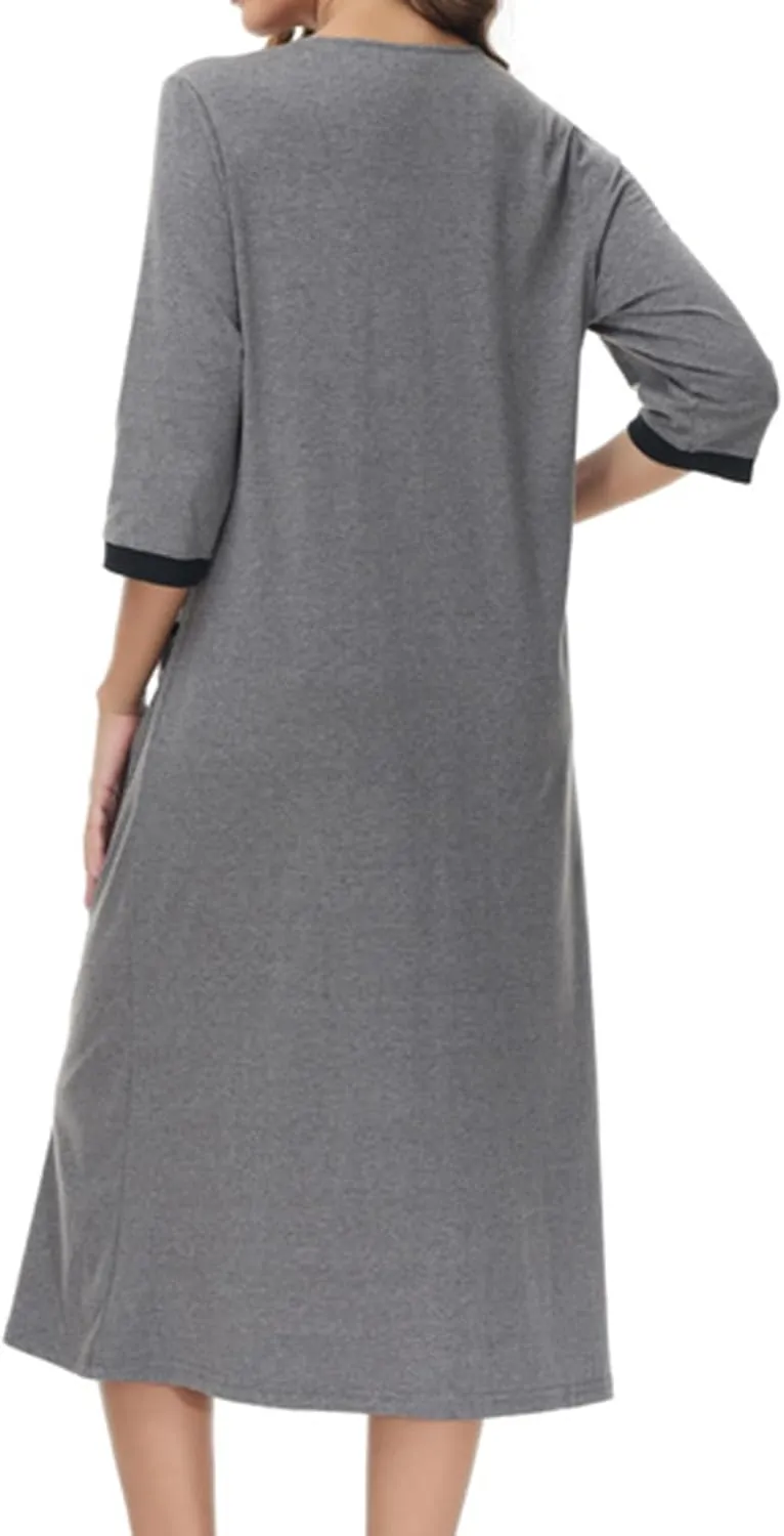 Women's Zipper Front Long Housedress 3/4 Sleeves Round Neck Robe Casual Loose Fit Cozy Nightgown with Pockets