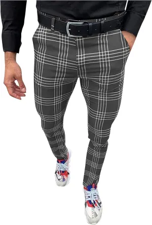 Ymosrh Men's Pants Fashion Stretch Dress Pants Slim Fit Plaid Skinny Long Pants Casual Business Golf Dress Pants, S-3XL