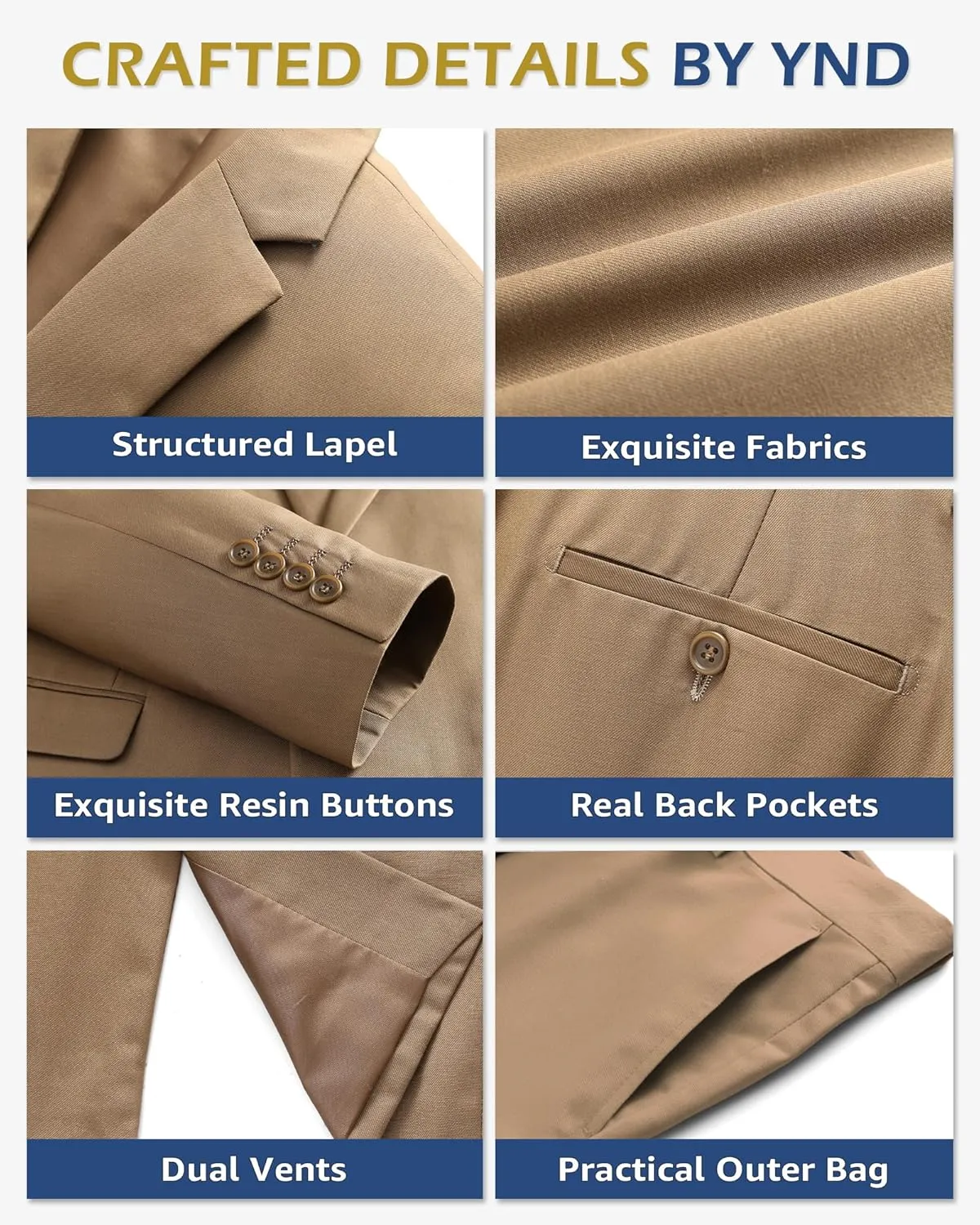 YND Men's Slim Fit 3 Piece Suit with Stretch Fabric, One Button Solid Blazer Vest Pants, Party Wedding Dress with Tie