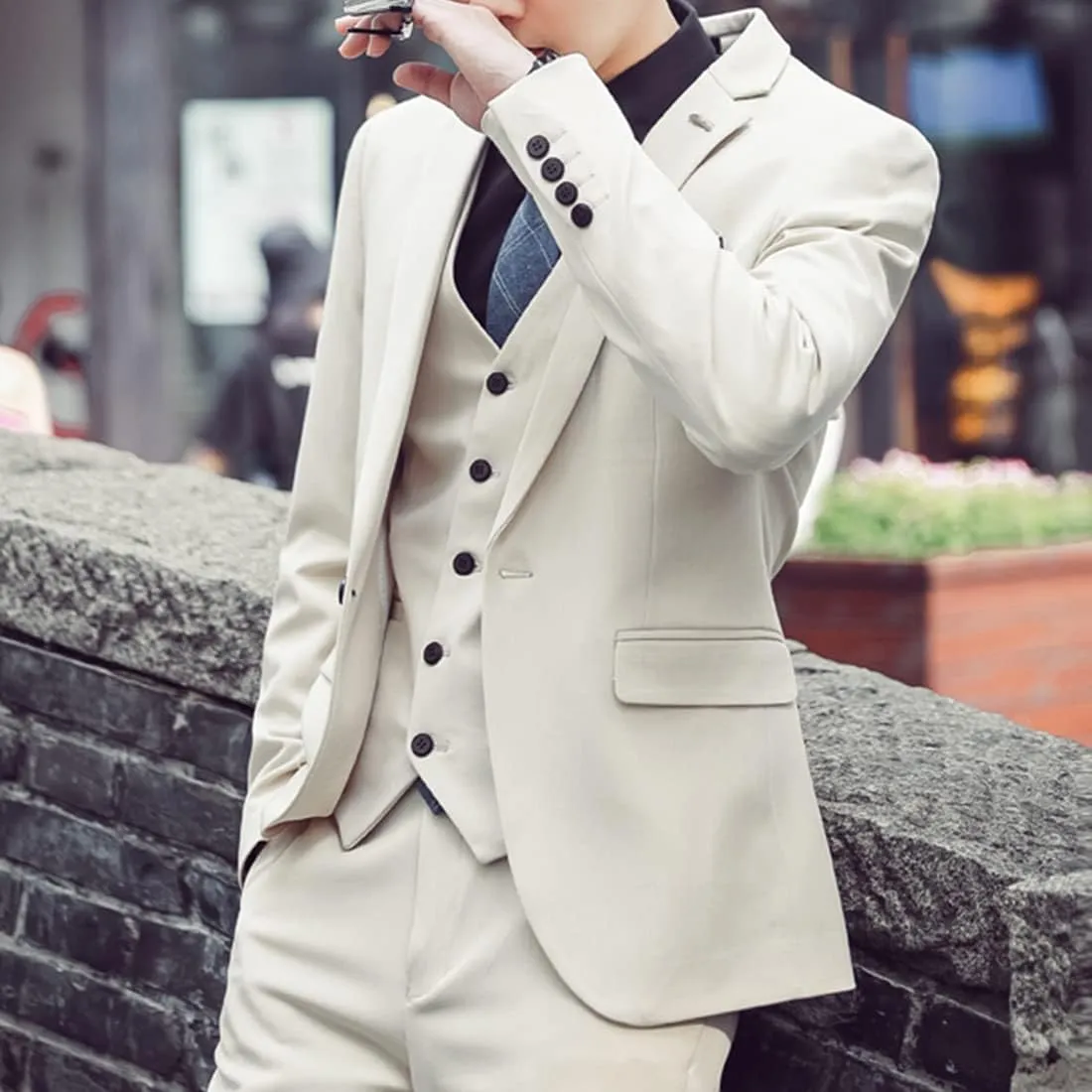 YND Men's Slim Fit 3 Piece Suit with Stretch Fabric, One Button Solid Blazer Vest Pants, Party Wedding Dress with Tie