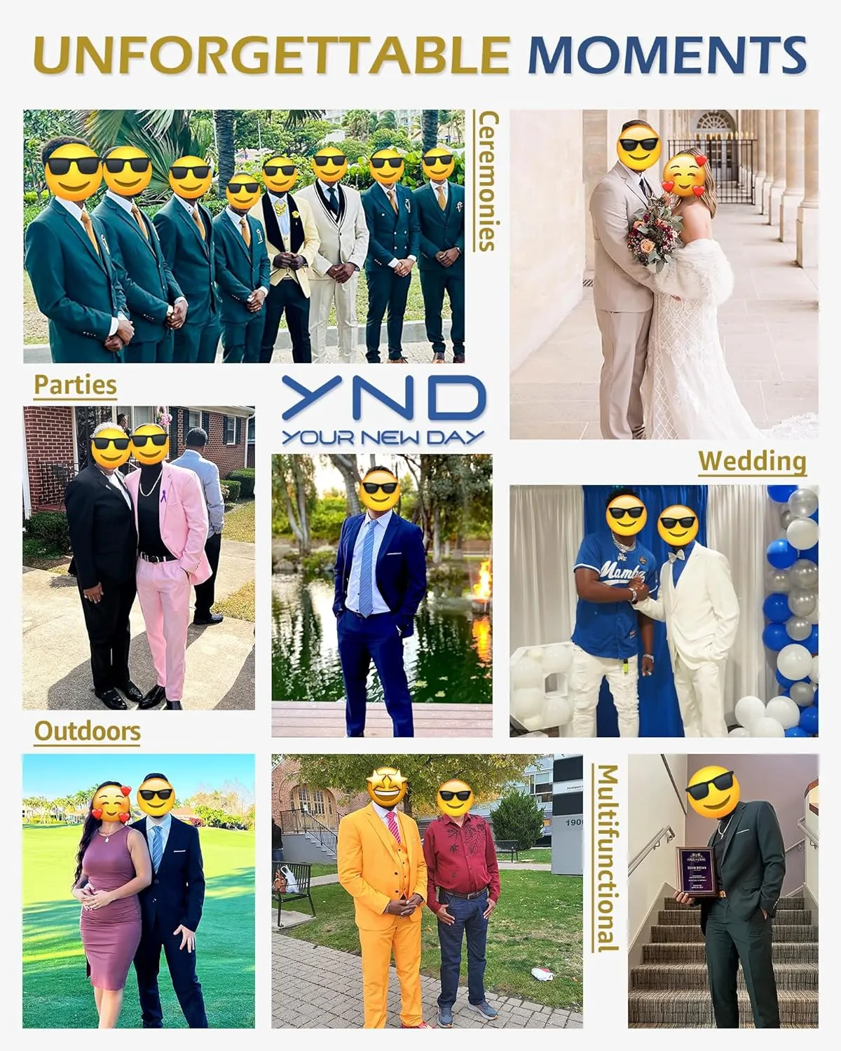 YND Men's Slim Fit 3 Piece Suit with Stretch Fabric, One Button Solid Blazer Vest Pants, Party Wedding Dress with Tie