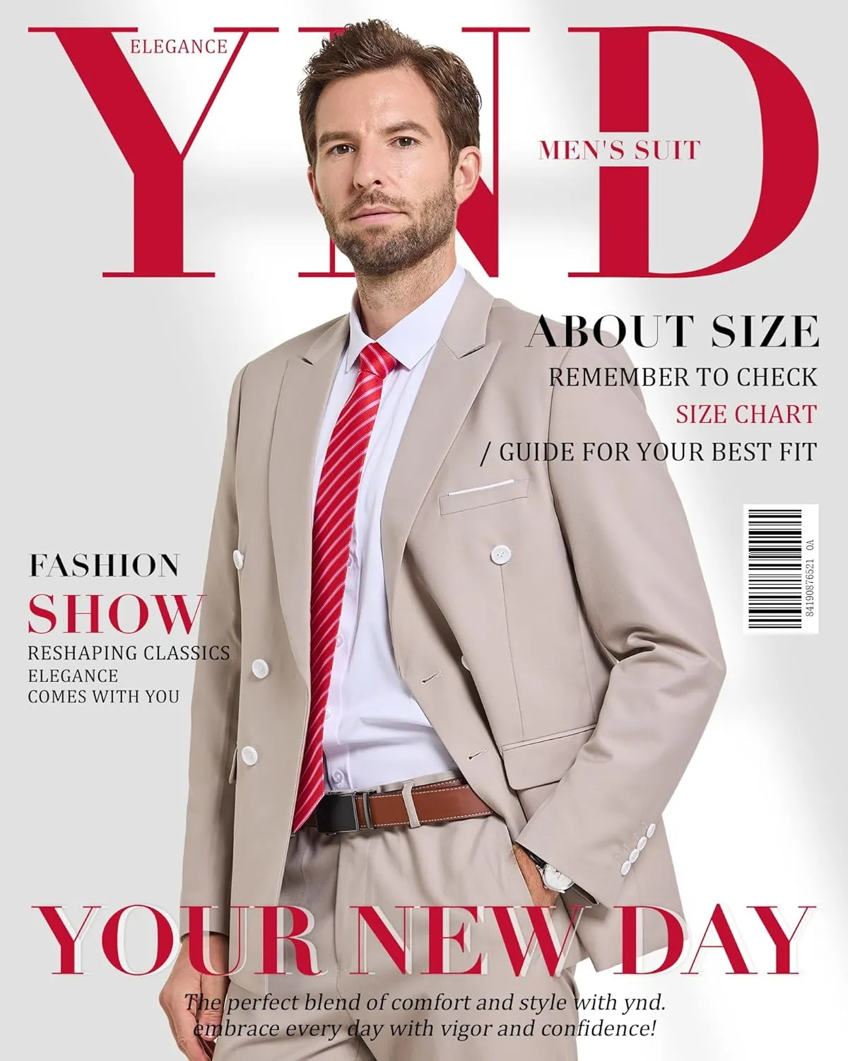 YND Men's Slim Fit 3 Piece Suit with Stretch Fabric, One Button Solid Blazer Vest Pants, Party Wedding Dress with Tie