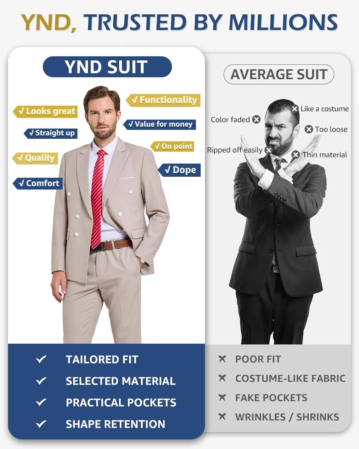 YND Men's Slim Fit 3 Piece Suit with Stretch Fabric, One Button Solid Blazer Vest Pants, Party Wedding Dress with Tie