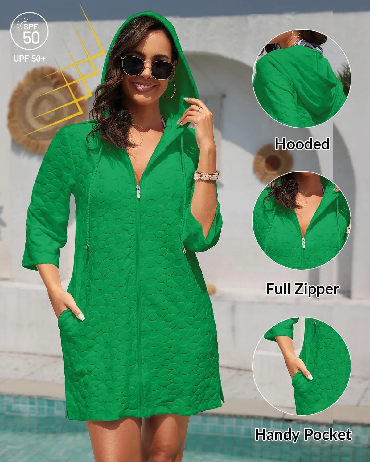 Yonique Terry Cloth Cover Up - Long Sleeve Cover Swimsuit Hooded Zipper Beach Cover-up with Pockets