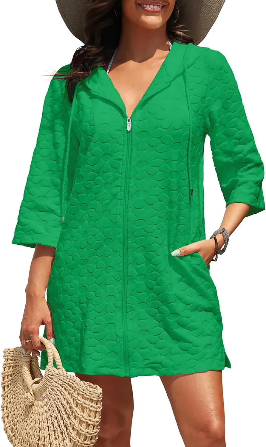 Yonique Terry Cloth Cover Up - Long Sleeve Cover Swimsuit Hooded Zipper Beach Cover-up with Pockets