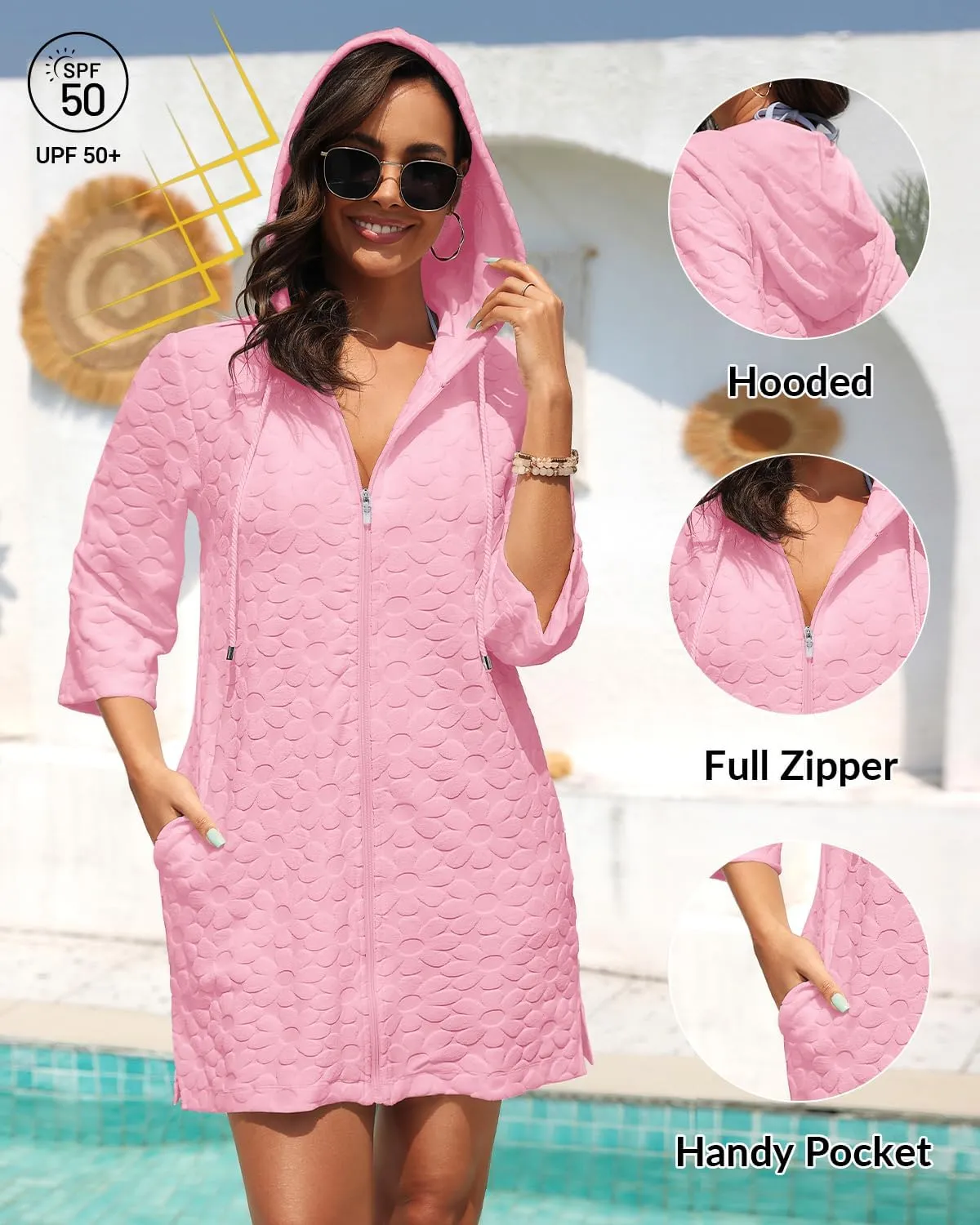 Yonique Terry Cloth Cover Up - Long Sleeve Cover Swimsuit Hooded Zipper Beach Cover-up with Pockets