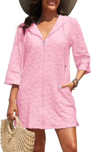 Yonique Terry Cloth Cover Up - Long Sleeve Cover Swimsuit Hooded Zipper Beach Cover-up with Pockets
