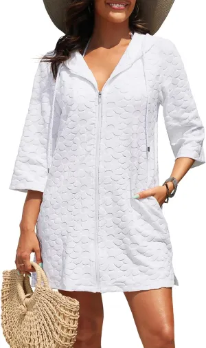 Yonique Terry Cloth Cover Up - Long Sleeve Cover Swimsuit Hooded Zipper Beach Cover-up with Pockets