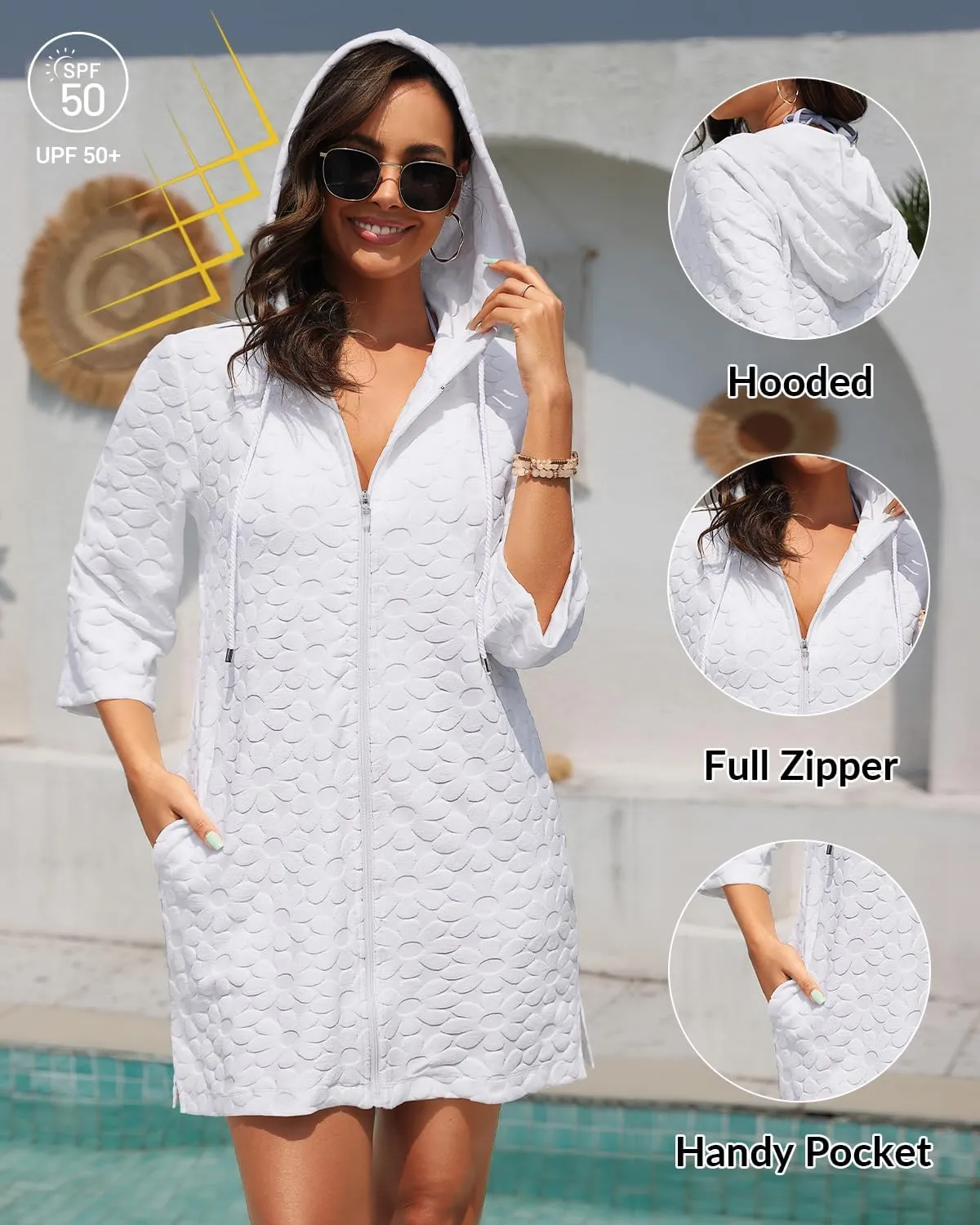 Yonique Terry Cloth Cover Up - Long Sleeve Cover Swimsuit Hooded Zipper Beach Cover-up with Pockets