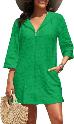 Yonique Terry Cloth Cover Up - Long Sleeve Cover Swimsuit Hooded Zipper Beach Cover-up with Pockets