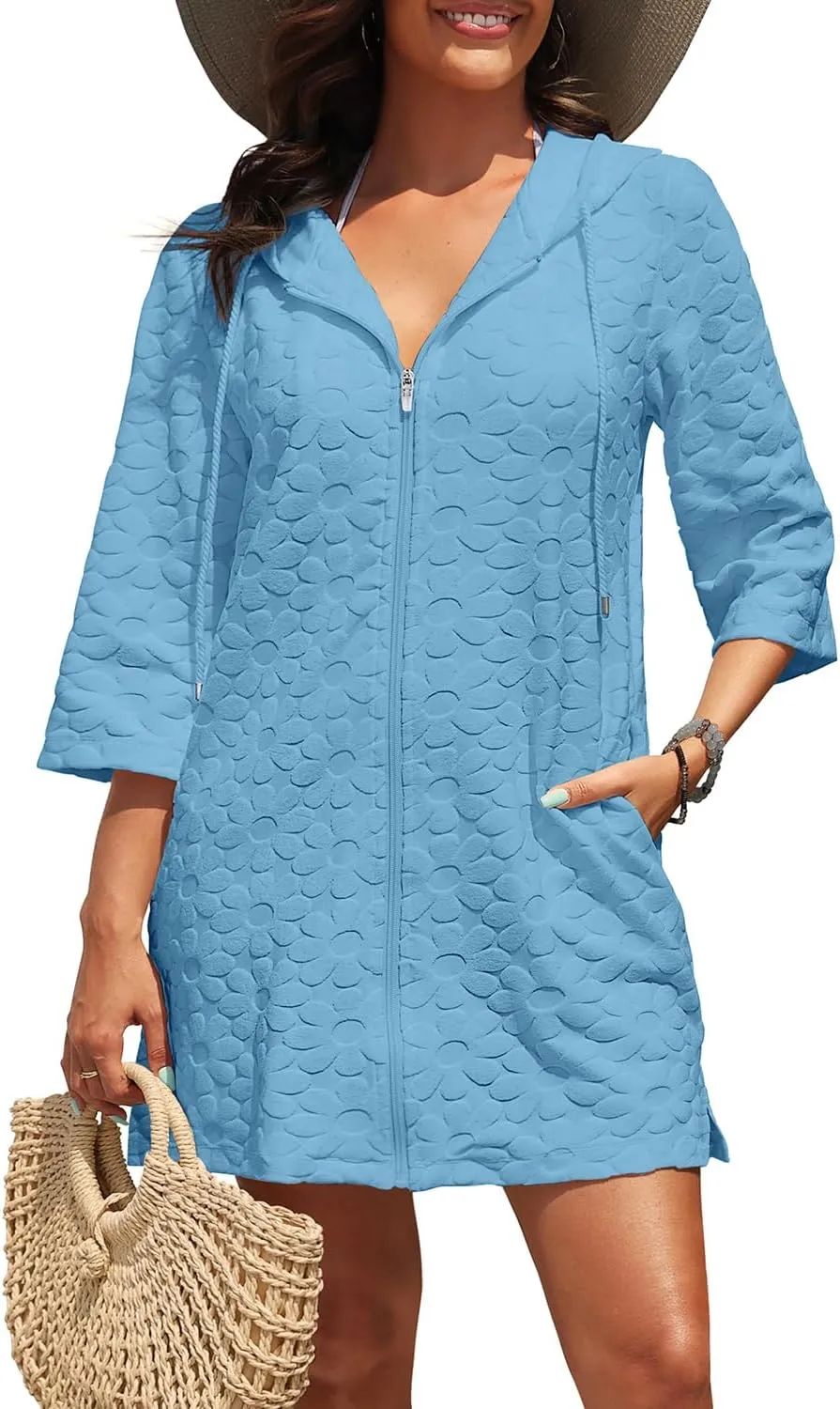 Yonique Terry Cloth Cover Up - Long Sleeve Cover Swimsuit Hooded Zipper Beach Cover-up with Pockets