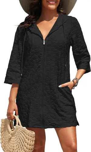 Yonique Terry Cloth Cover Up - Long Sleeve Cover Swimsuit Hooded Zipper Beach Cover-up with Pockets